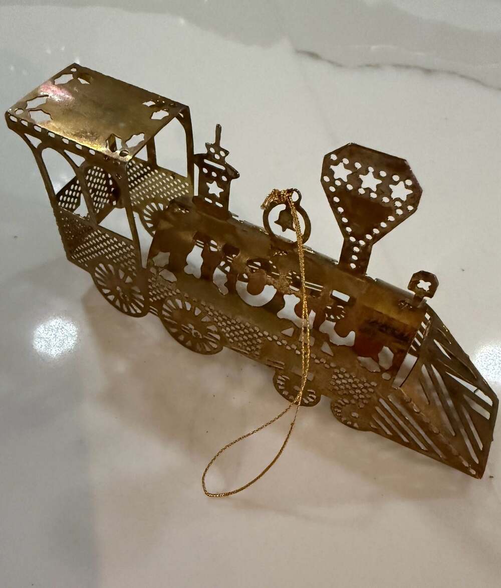 Vintage 1983 Gold-Tone Brass Filigree Train Locomotive Christmas Ornament